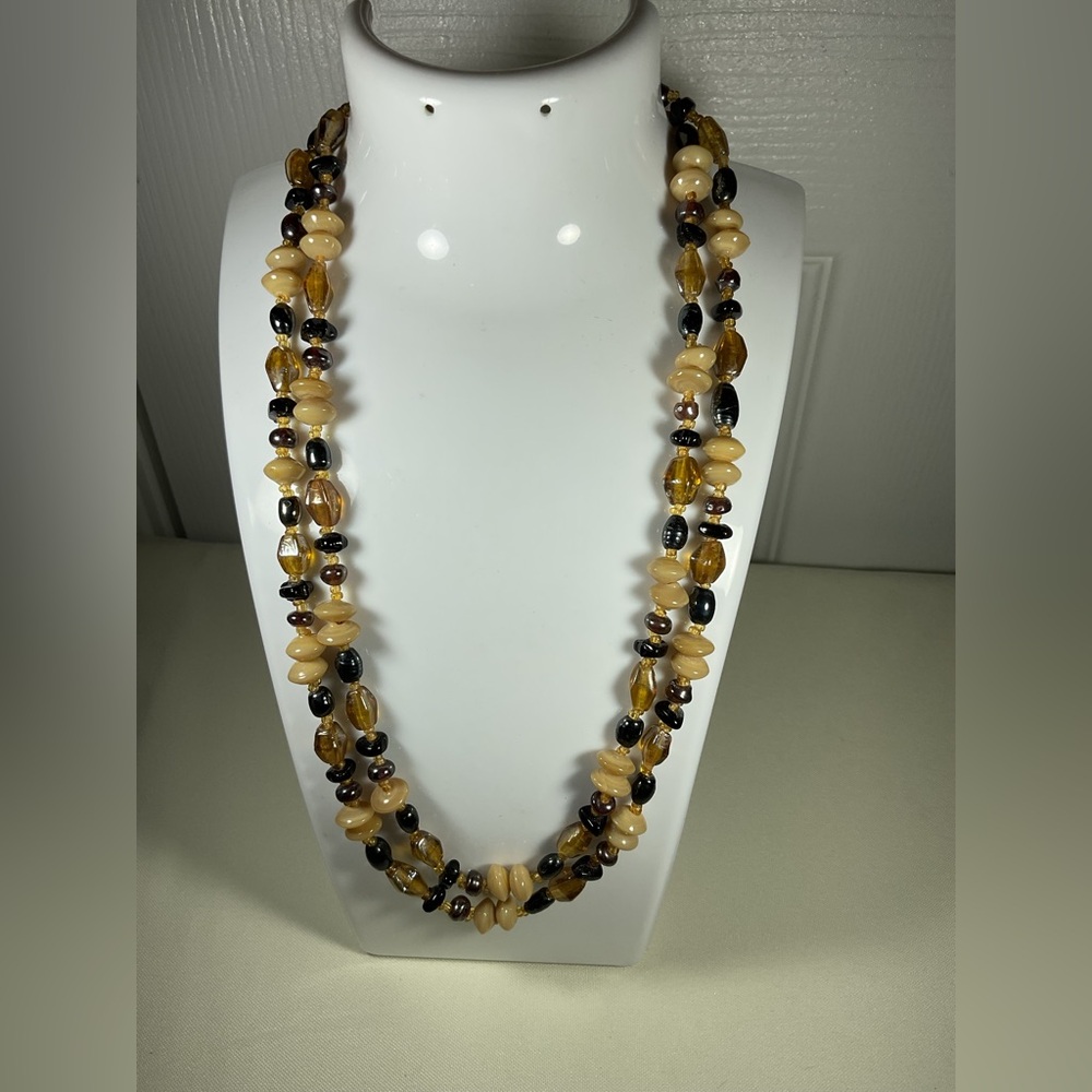 Handcrafted Multi-Strand Amber & Black Bead Necklace 18” Earthy
